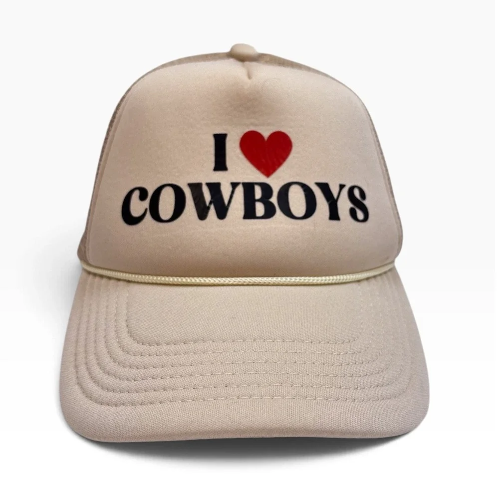 I Love Cowboys Trucker Hat Tan Western Mesh Snapback Cap Khaki Heart Graphic